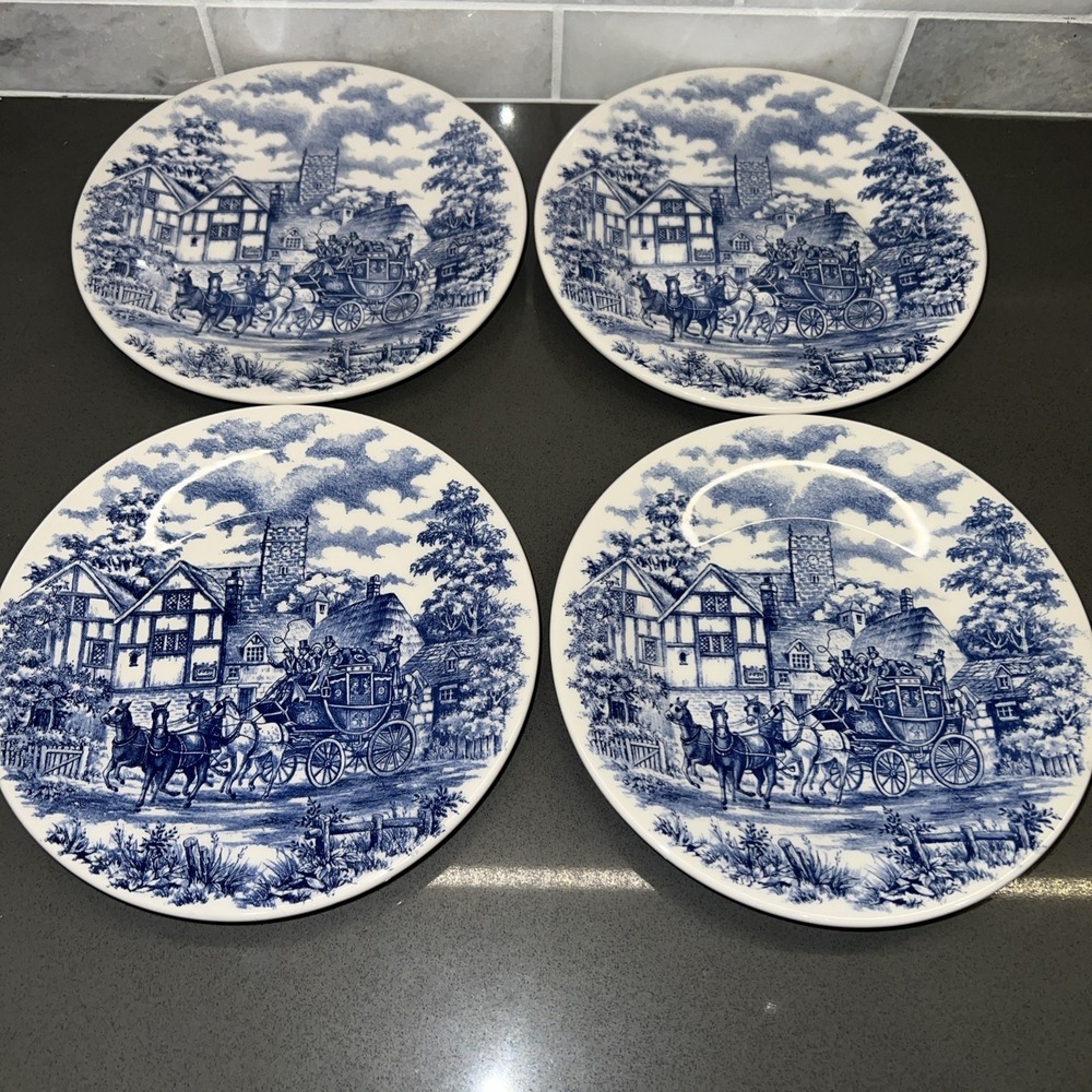 NEW-4 BIONA Brazil Transfer ware Blue Coach Scene, 7.5" Inch Salad Plates